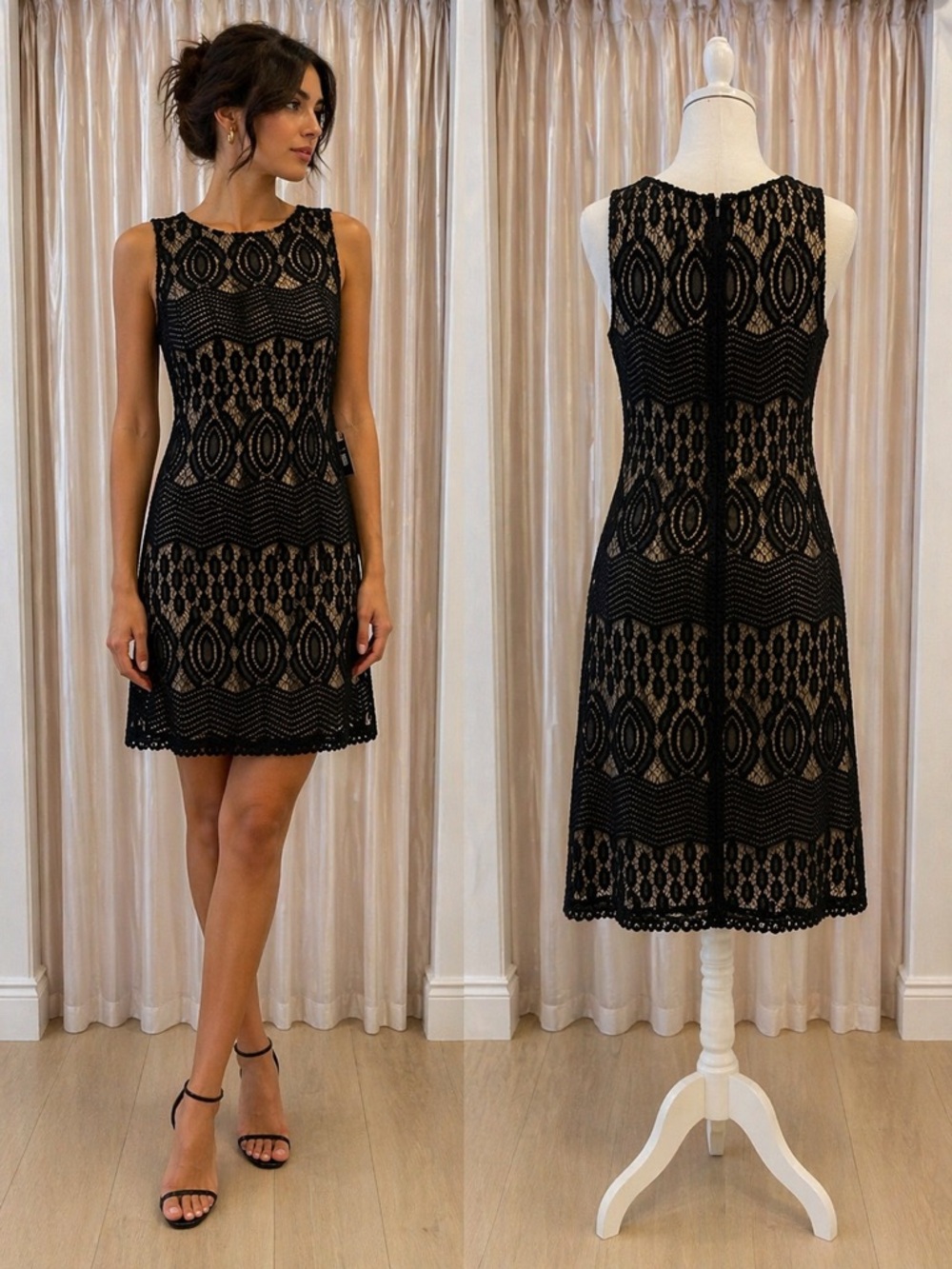 Sharagano Black Lace Sleeveless Mini Dress
